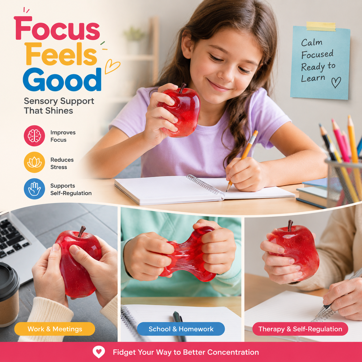 Apple Squishy Stress Ball Realistic Fruit Squeeze Toy Sensory Fidget Toy for Anxiety Relief, ADHD & Hand Therapy