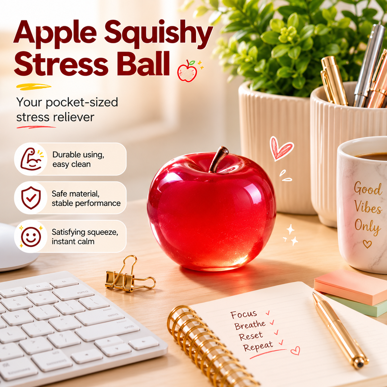 Apple Squishy Stress Ball Realistic Fruit Squeeze Toy Sensory Fidget Toy for Anxiety Relief, ADHD & Hand Therapy