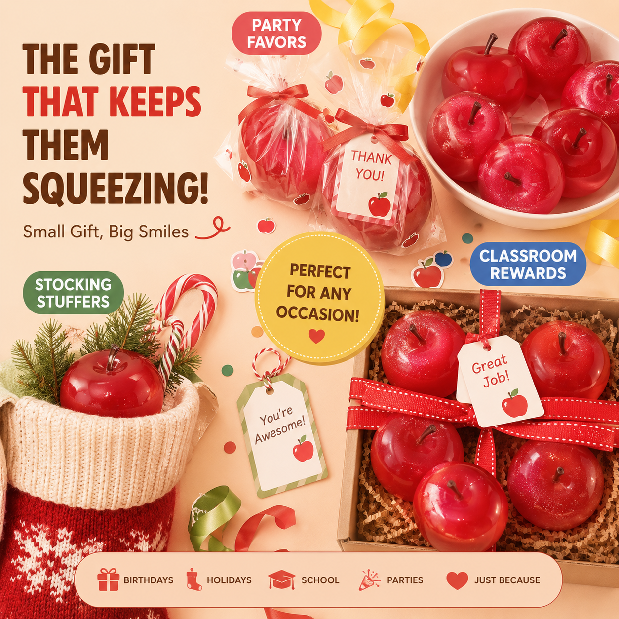Apple Squishy Stress Ball Realistic Fruit Squeeze Toy Sensory Fidget Toy for Anxiety Relief, ADHD & Hand Therapy