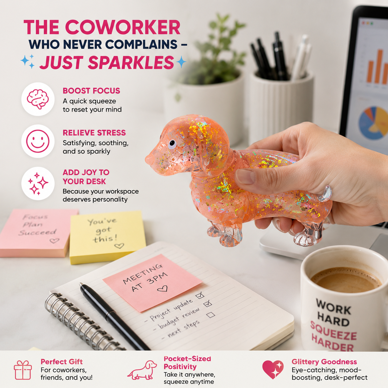 Glitter Dachshund Squishy Stress Ball Cute Wiener Dog Sensory Fidget Toy Slow Rise Anxiety Relief Squeeze Toy for Kids & Adults