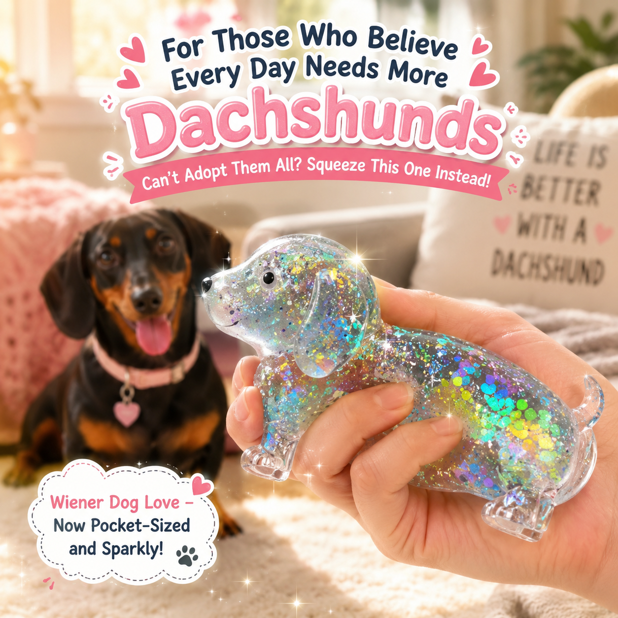 Glitter Dachshund Squishy Stress Ball Cute Wiener Dog Sensory Fidget Toy Slow Rise Anxiety Relief Squeeze Toy for Kids & Adults