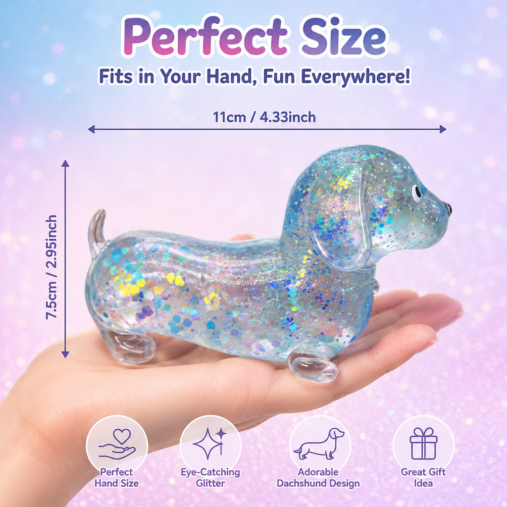 Glitter Dachshund Squishy Stress Ball Cute Wiener Dog Sensory Fidget Toy Slow Rise Anxiety Relief Squeeze Toy for Kids & Adults