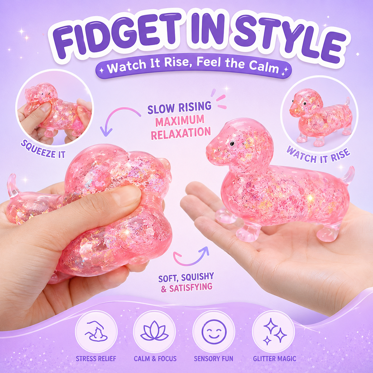 Glitter Dachshund Squishy Stress Ball Cute Wiener Dog Sensory Fidget Toy Slow Rise Anxiety Relief Squeeze Toy for Kids & Adults