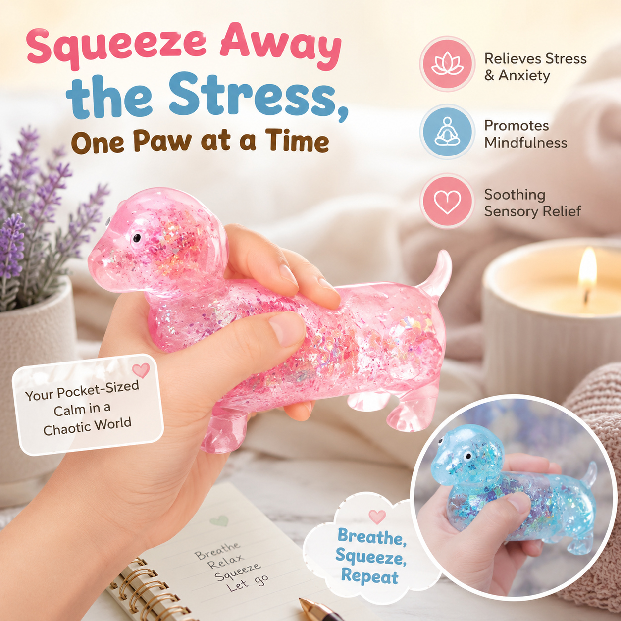 Glitter Dachshund Squishy Stress Ball Cute Wiener Dog Sensory Fidget Toy Slow Rise Anxiety Relief Squeeze Toy for Kids & Adults