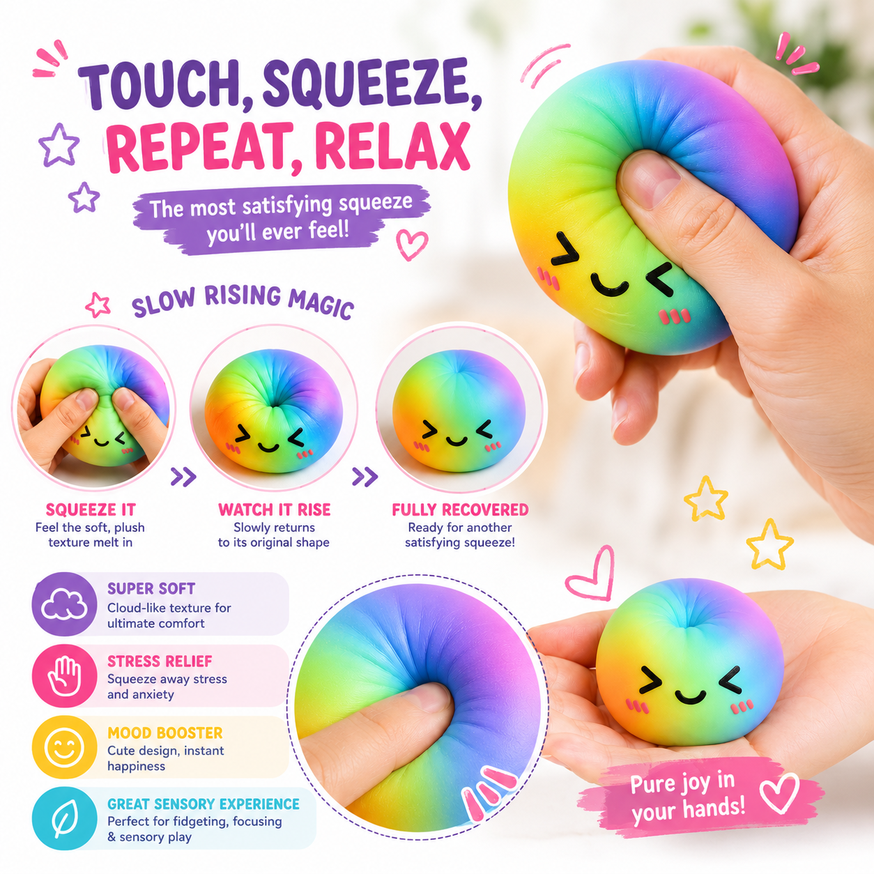Rainbow Dumpling Squishy Stress Ball Kawaii Sensory Fidget Toy Soft Slow Rise Anxiety Relief Toy for Kids & Adults