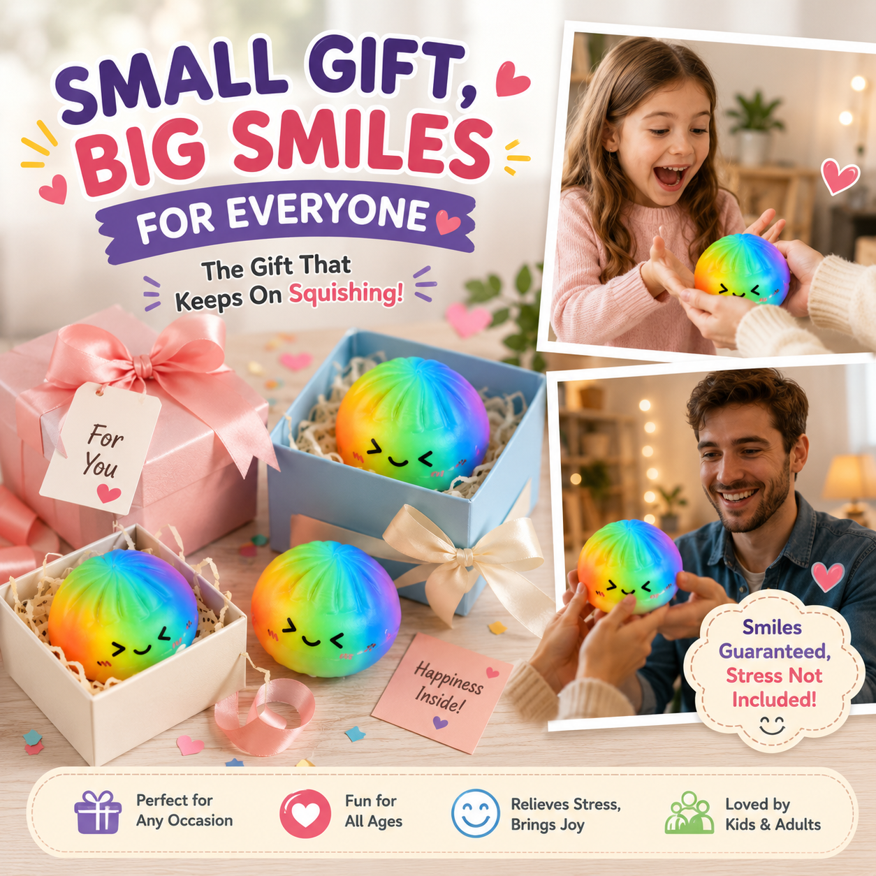 Rainbow Dumpling Squishy Stress Ball Kawaii Sensory Fidget Toy Soft Slow Rise Anxiety Relief Toy for Kids & Adults